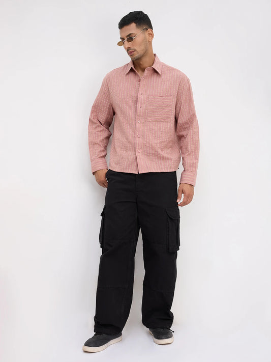 Georgia Peach Fine Seersucker Striped Boxy Fit Crop Shirt