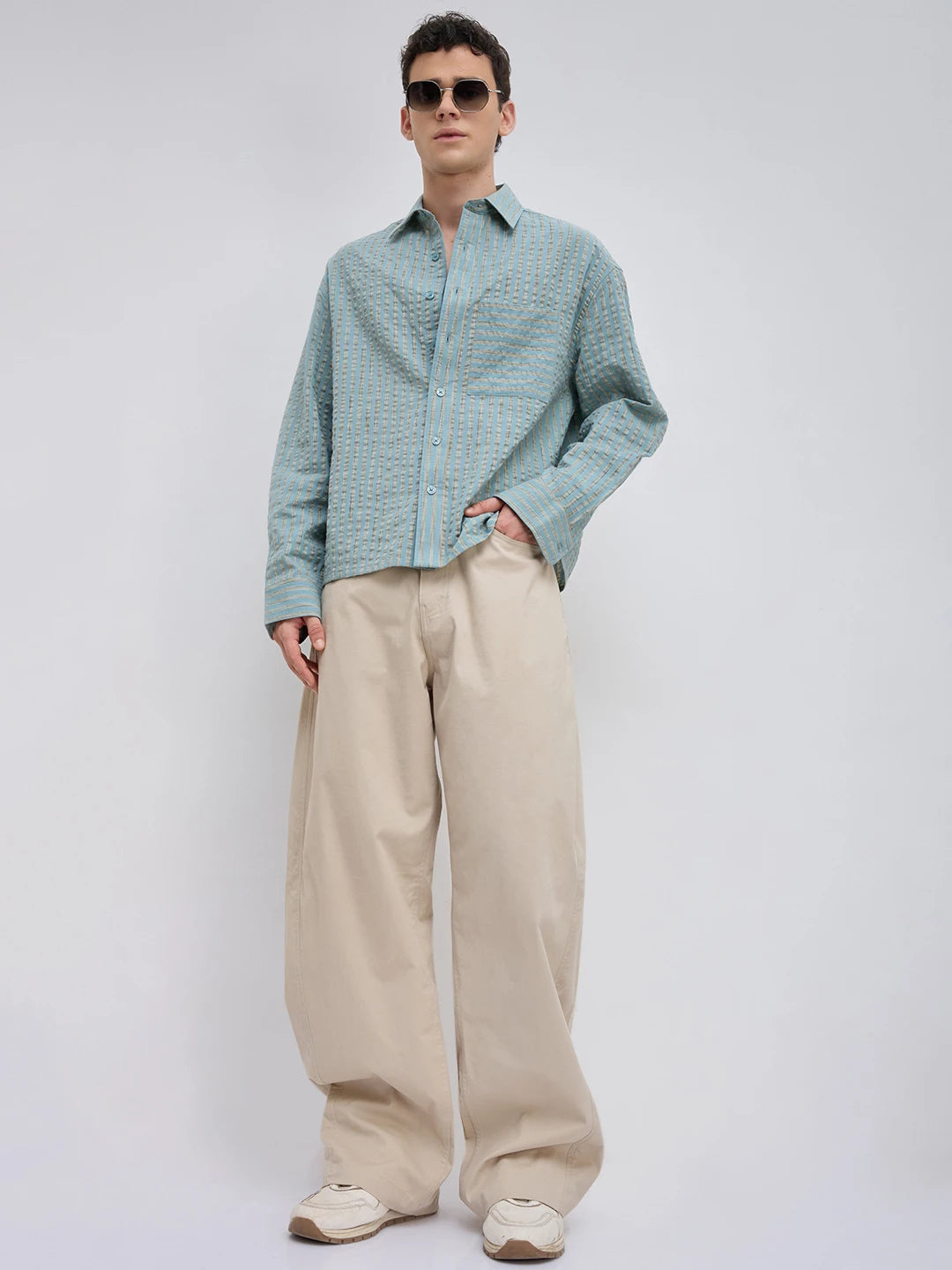 Sea Green Seersucker Candy Striped Boxy Fit Crop Shirt