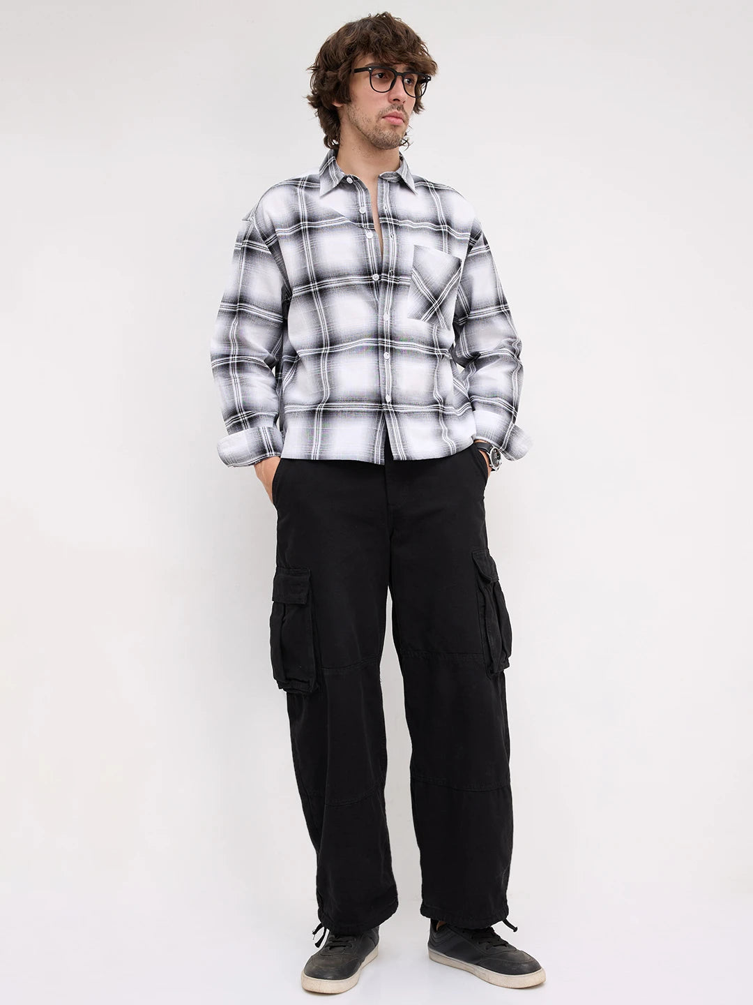 Rich Monochrome Plaid Shadow Checks Boxy Fit Crop Shirt