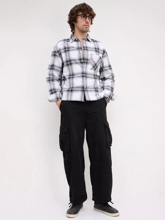 Rich Monochrome Plaid Shadow Checks Boxy Fit Crop Shirt