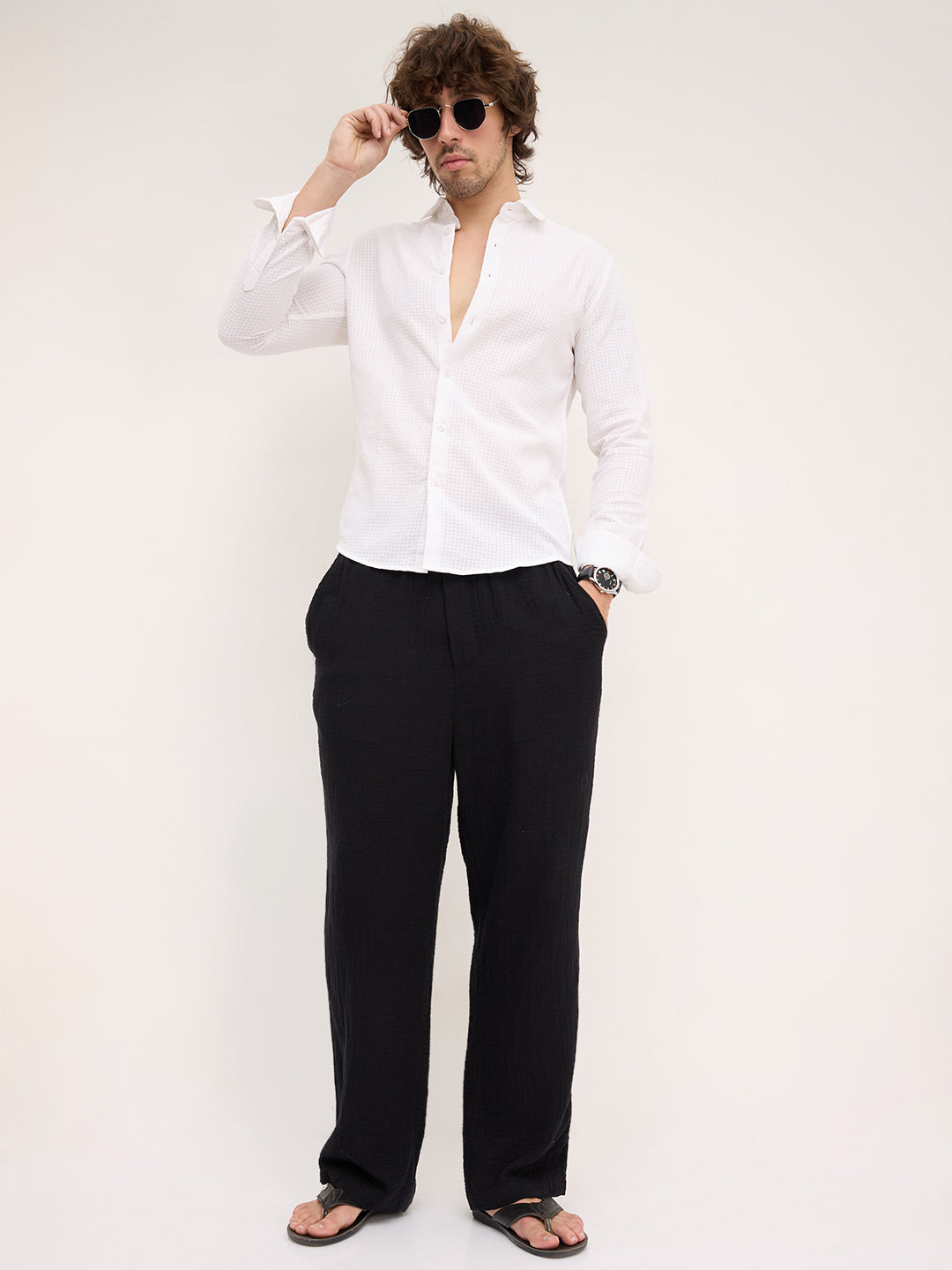 Sheer White Mini Square Checks Textured Vacation Shirt