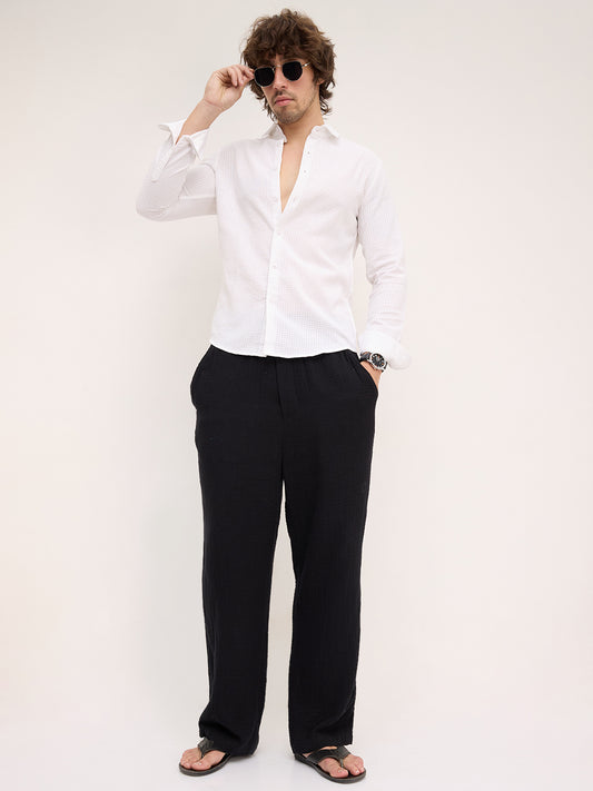 Sheer White Mini Square Checks Textured Vacation Shirt
