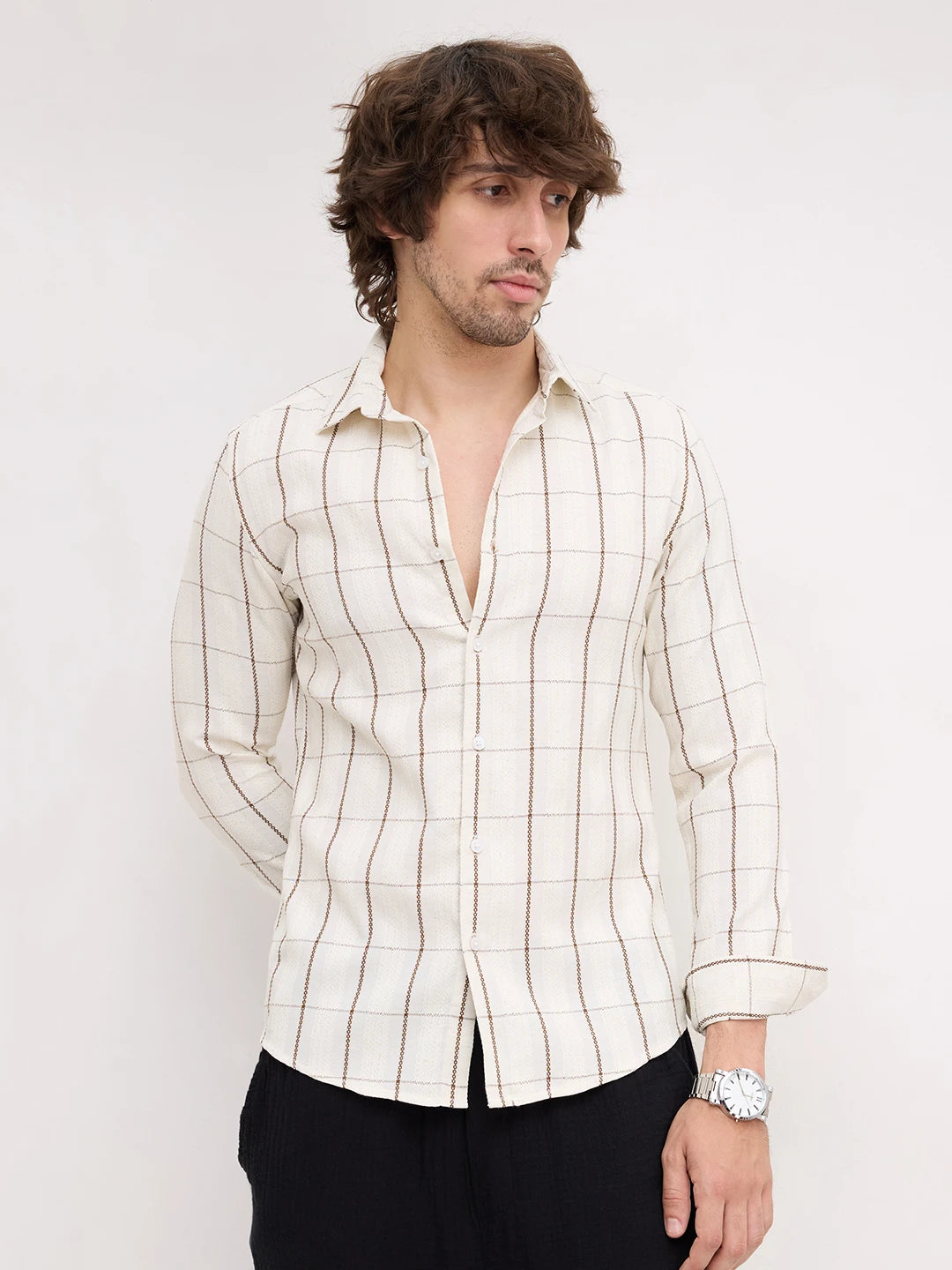 Artisan Cream & Brown Chain Embroidered Square Checks Shirt
