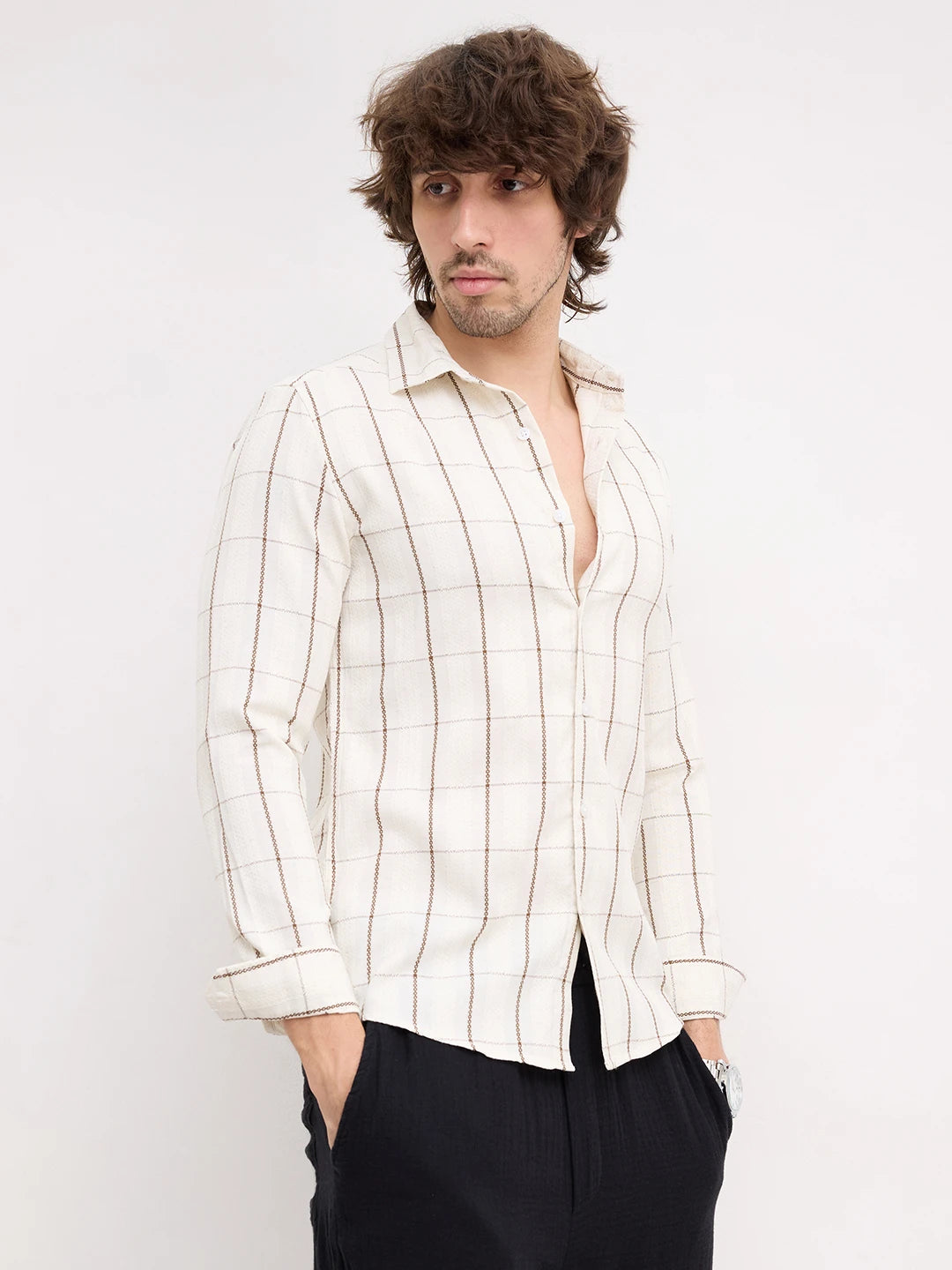 Artisan Cream & Brown Chain Embroidered Square Checks Shirt