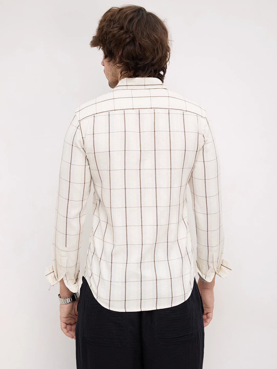 Artisan Cream & Brown Chain Embroidered Square Checks Shirt