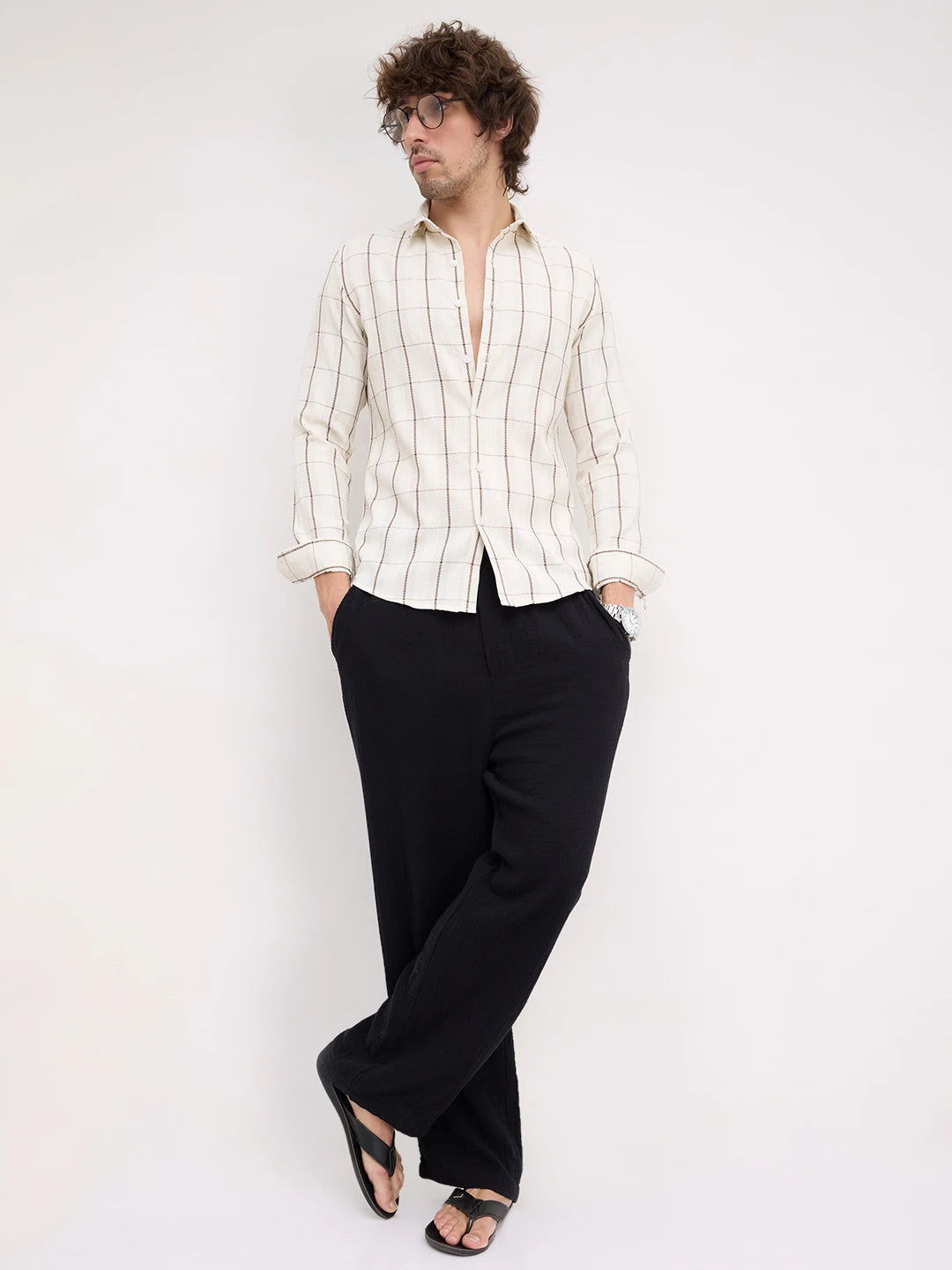 Artisan Cream & Brown Chain Embroidered Square Checks Shirt