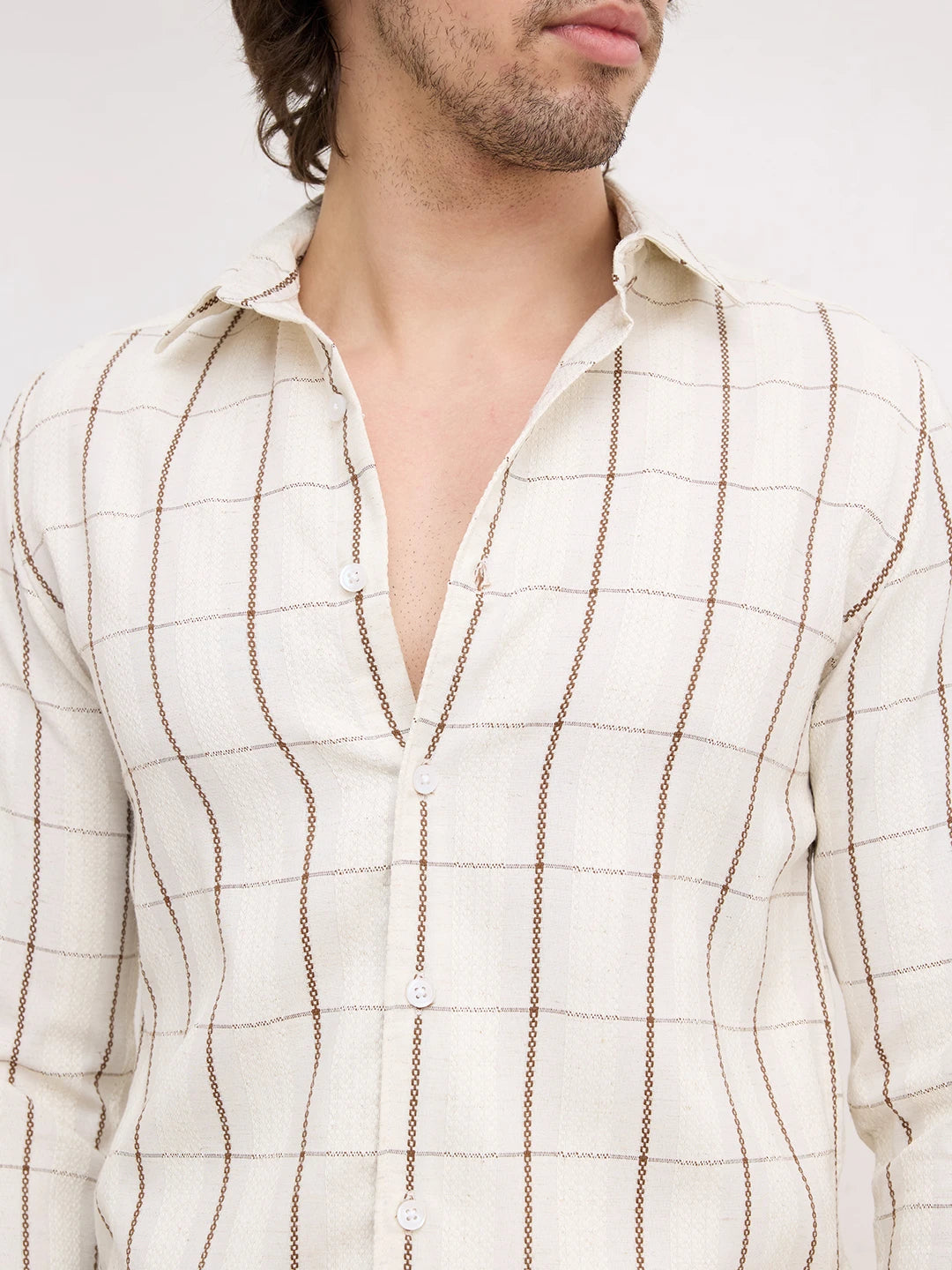 Artisan Cream & Brown Chain Embroidered Square Checks Shirt
