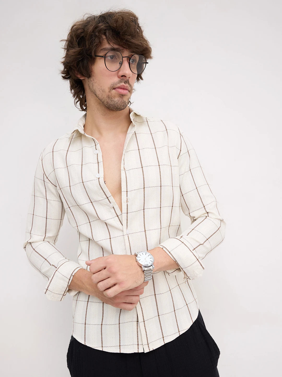 Artisan Cream & Brown Chain Embroidered Square Checks Shirt