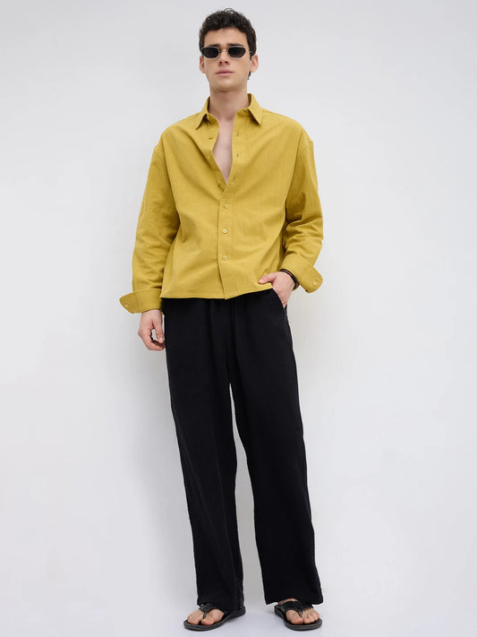 Intricate Dijon Yellow Textured Boxy Fit Crop Shirt