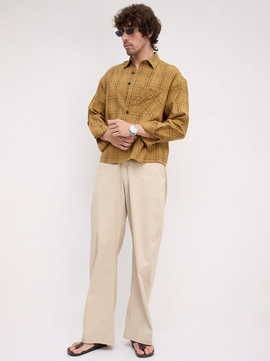 Khaki Contrast Windowpane Checks Boxy Fit Crop Shirt
