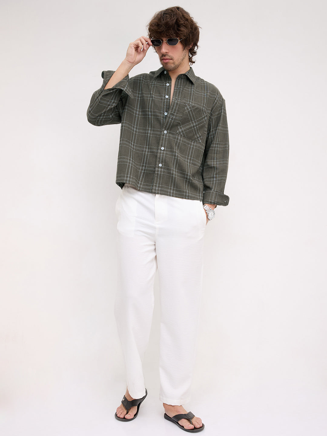 Earthy Olive Contrast Windowpane Checks Boxy Fit Crop Shirt