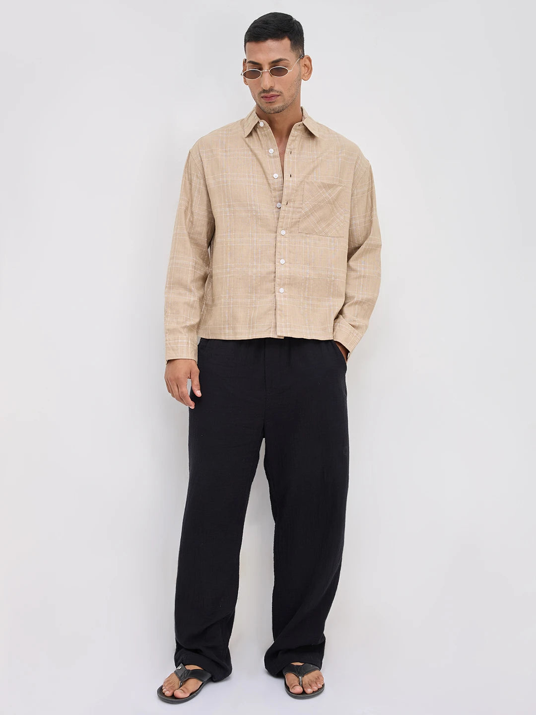Sand Beige Windowpane Check Boxy Fit Crop Shirt