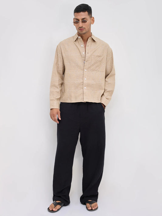 Sand Beige Windowpane Check Boxy Fit Crop Shirt