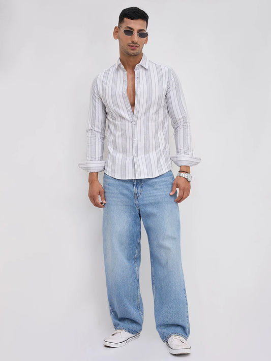 Monochrome Fine Threadwork Striped Shirt