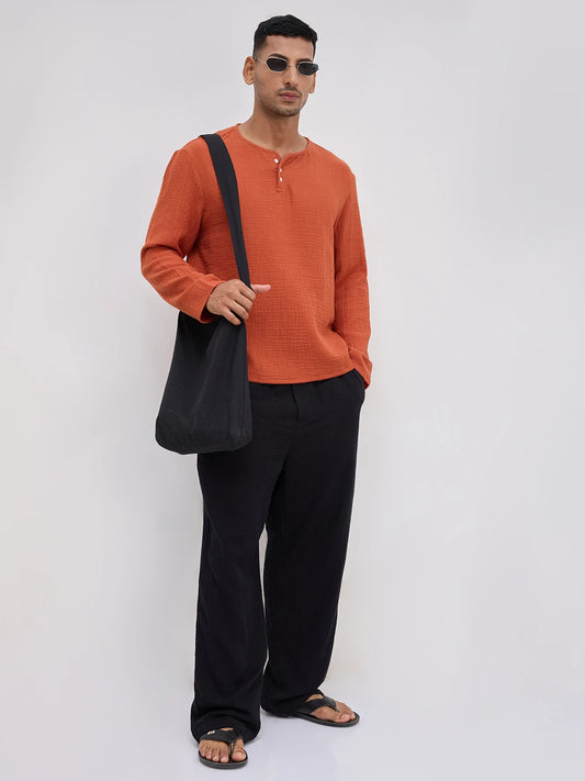Soft Rust Double Cloth Henley Neck Oversized Shirt