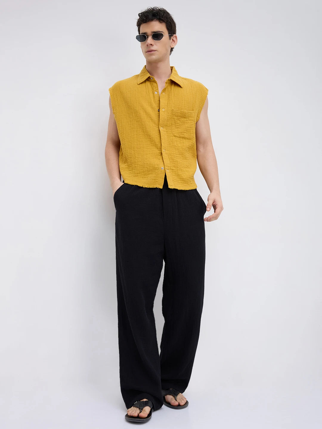 Mustard Yellow Double Cloth Sleevless Crop Shirt