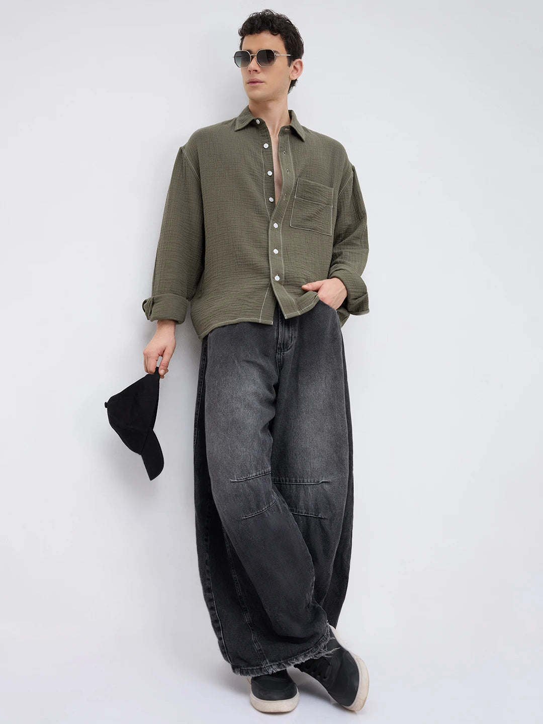 Muted Olive Contrast Stitch Double Cloth Boxy Fit Crop Shirt