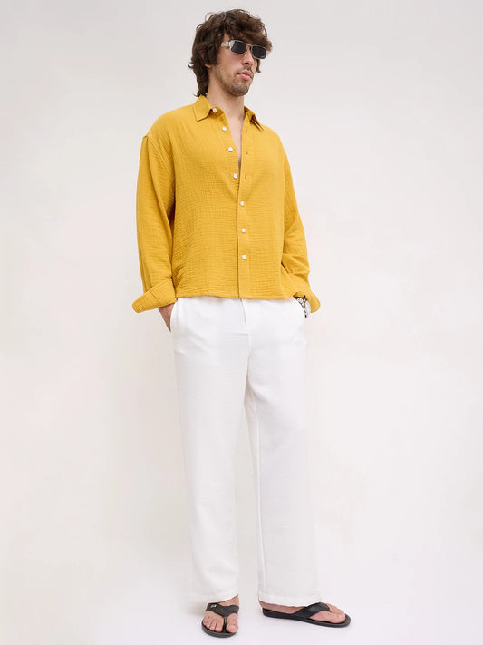 Radiant Gold Double Cloth Boxy Fit Crop Shirt