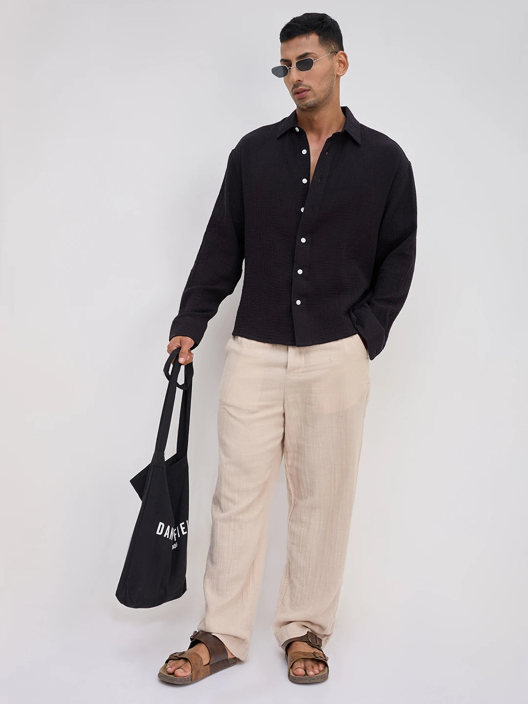 Charming Black Double Cloth Boxy Fit Crop Shirt