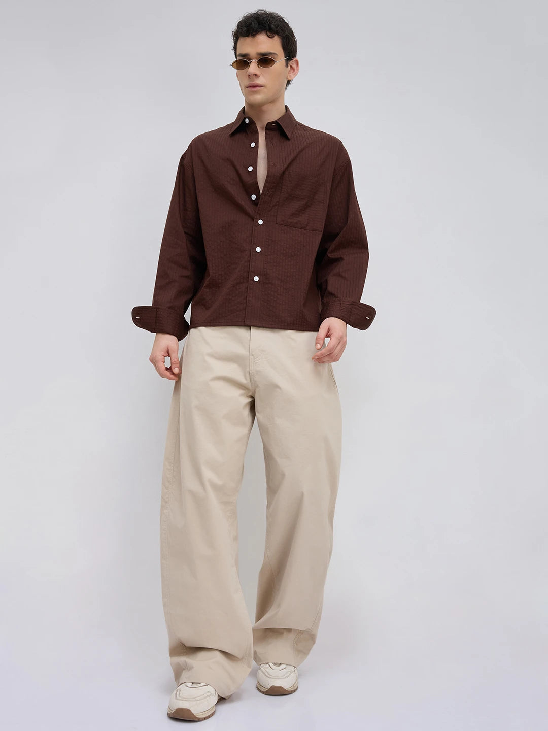 Espresso Brown Pinstriped Boxy Fit Crop Shirt