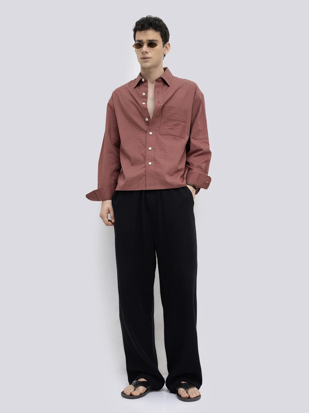 Brick Red Pinstriped Boxy Fit Crop Shirt