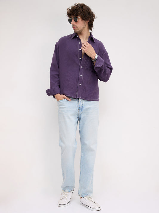 Aubergine Purple Contrast Stitch Double Cloth Boxy Fit Crop Shirt