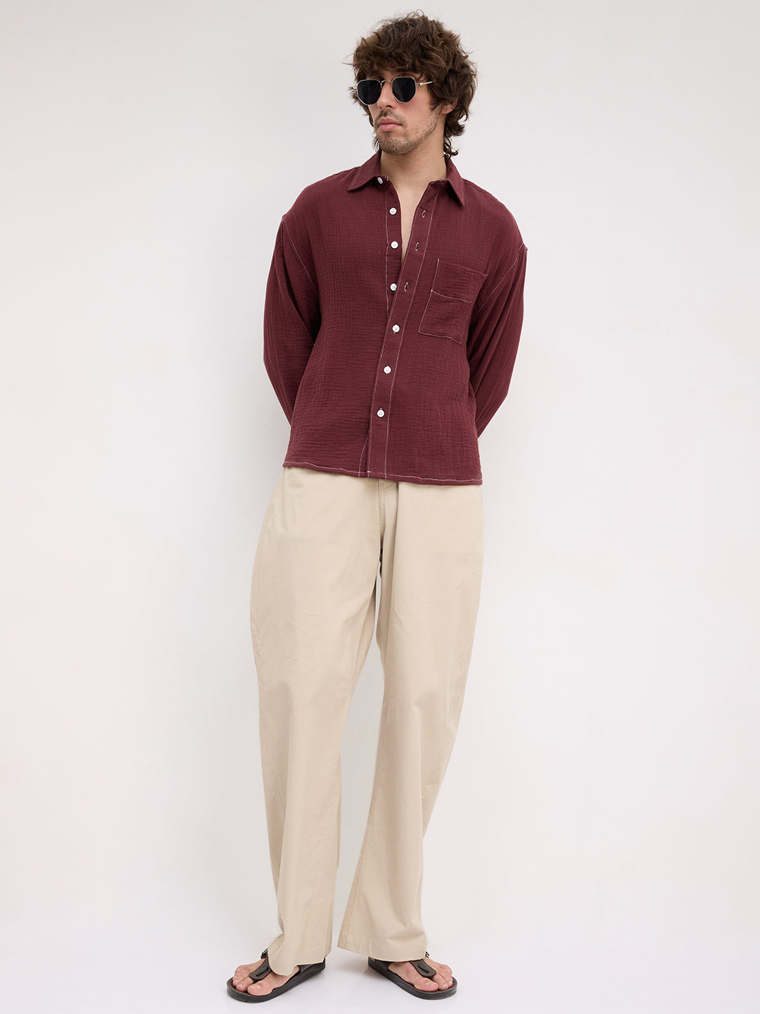 Solid Maroon Double Cloth Boxy Fit Crop Shirt