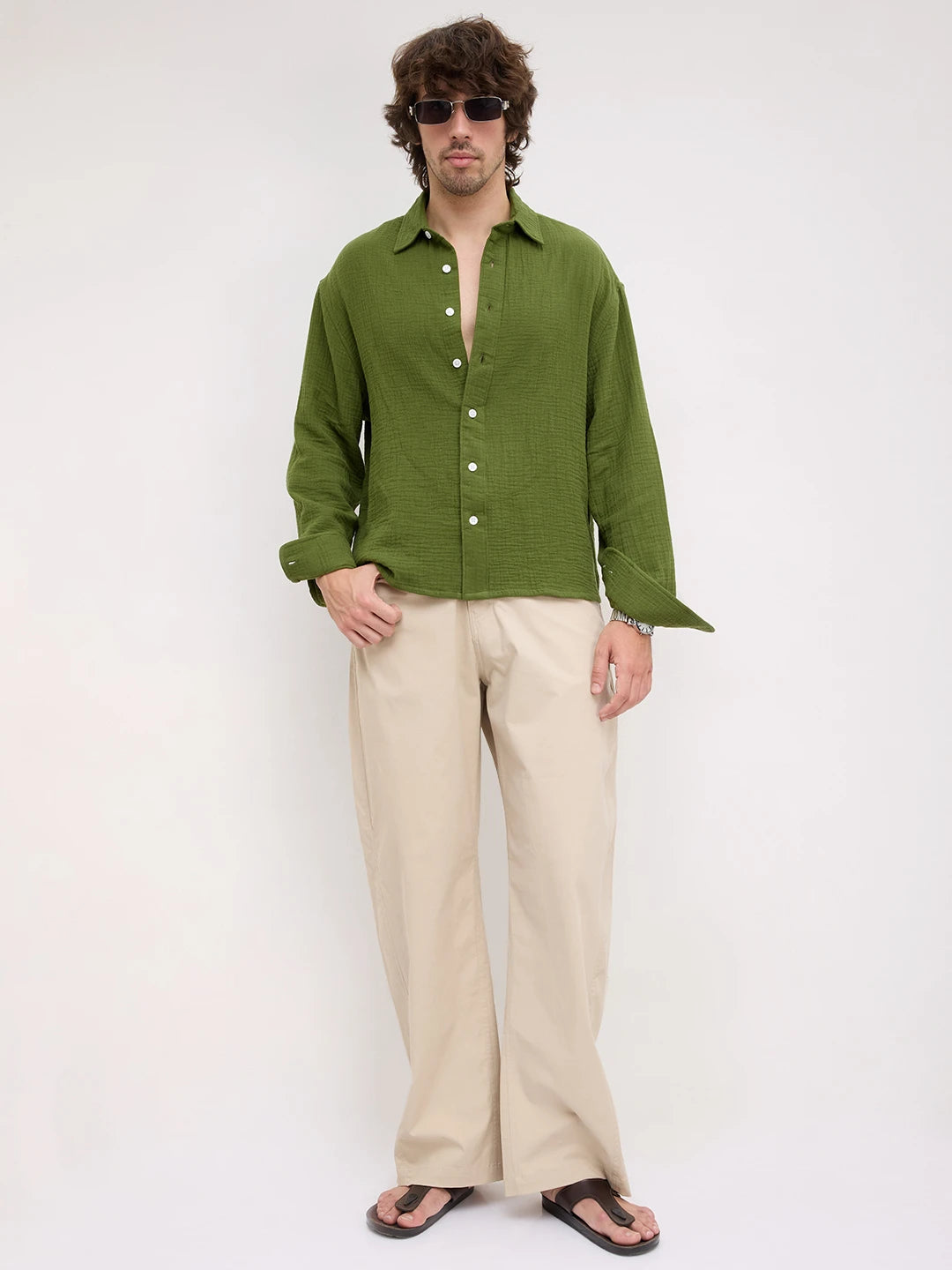 Evergreen Double Cloth Boxy Fit Crop Shirt