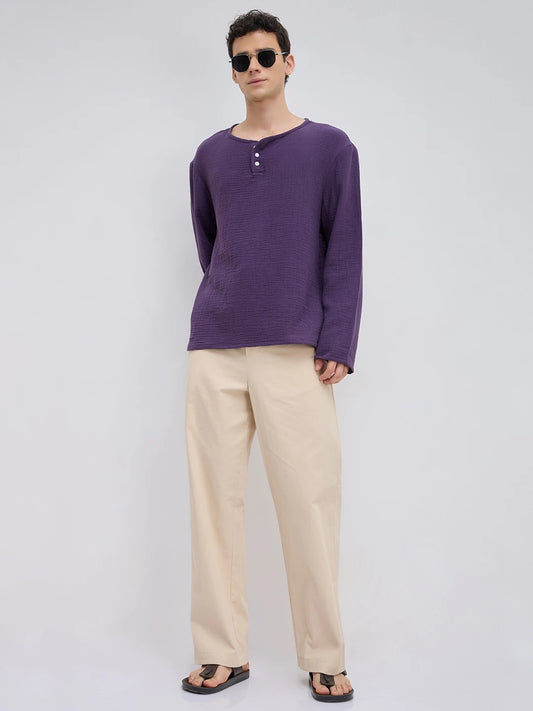 Aubergine Purple Double Cloth Henley Neck Oversized Shirt