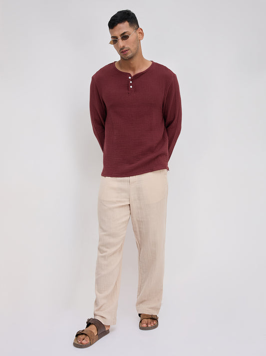 Debonair Maroon Double Cloth Henley Neck Oversized Shirt