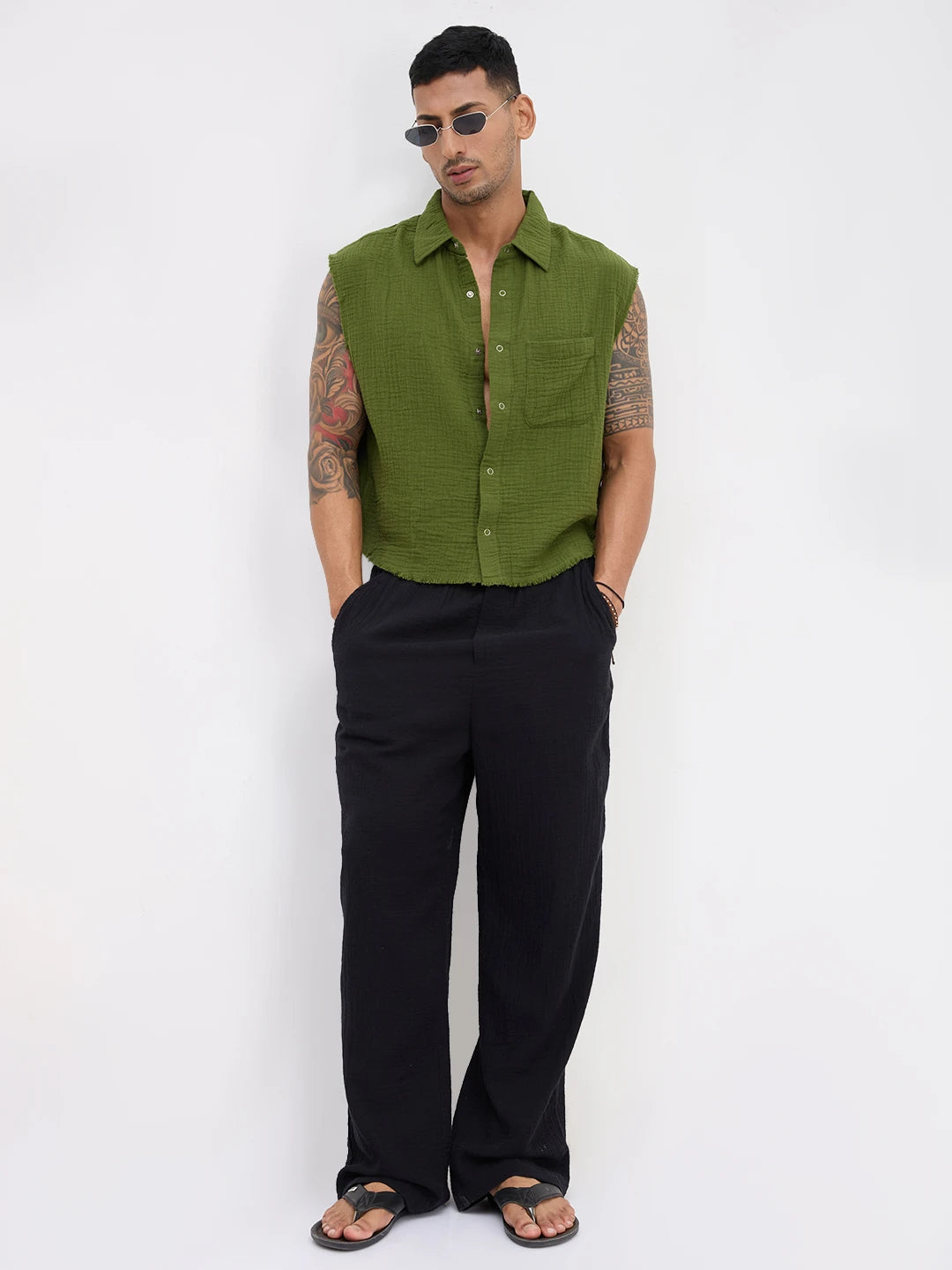 Evergreen Double Cloth Sleevless Crop Shirt