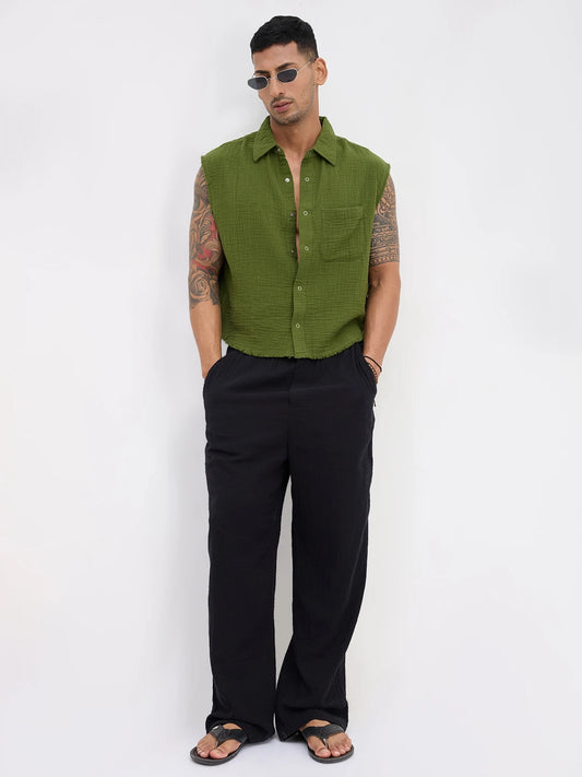 Evergreen Double Cloth Sleevless Crop Shirt