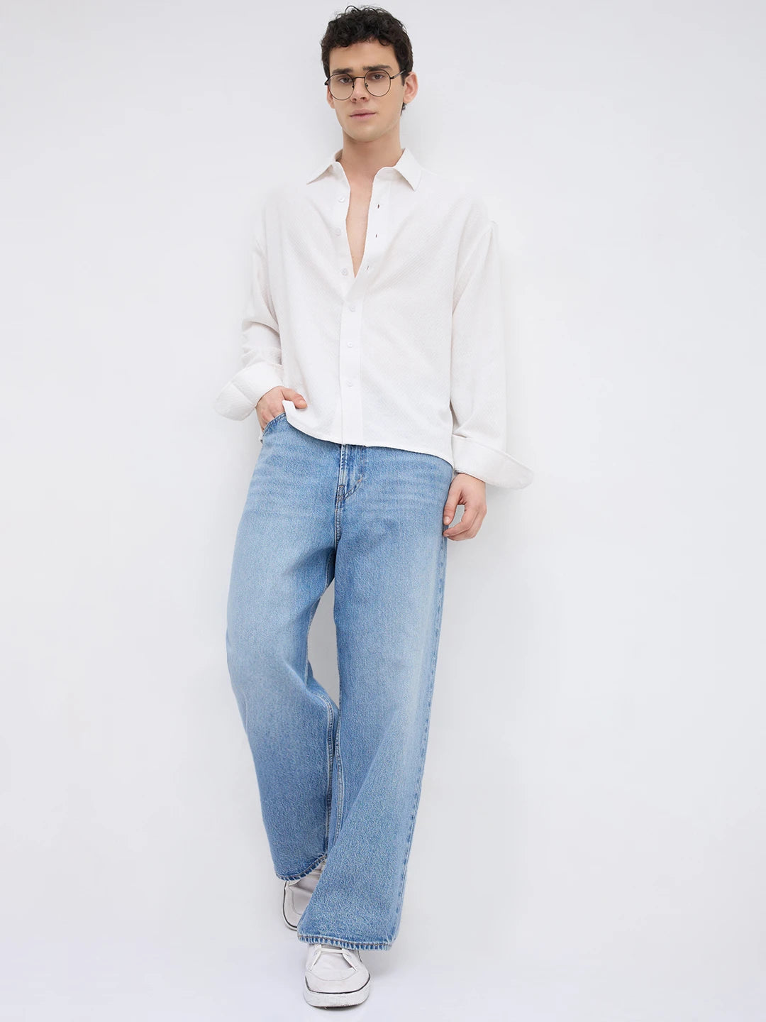 Frost White Diamond Textured Boxy Fit Crop Shirt