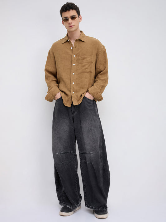 Timeless Tan Brown Double Cloth Boxy Fit Crop Shirt