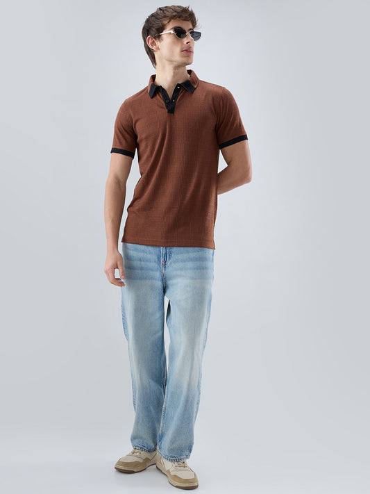 Brown Contrast Polo Neck Knit T-shirt