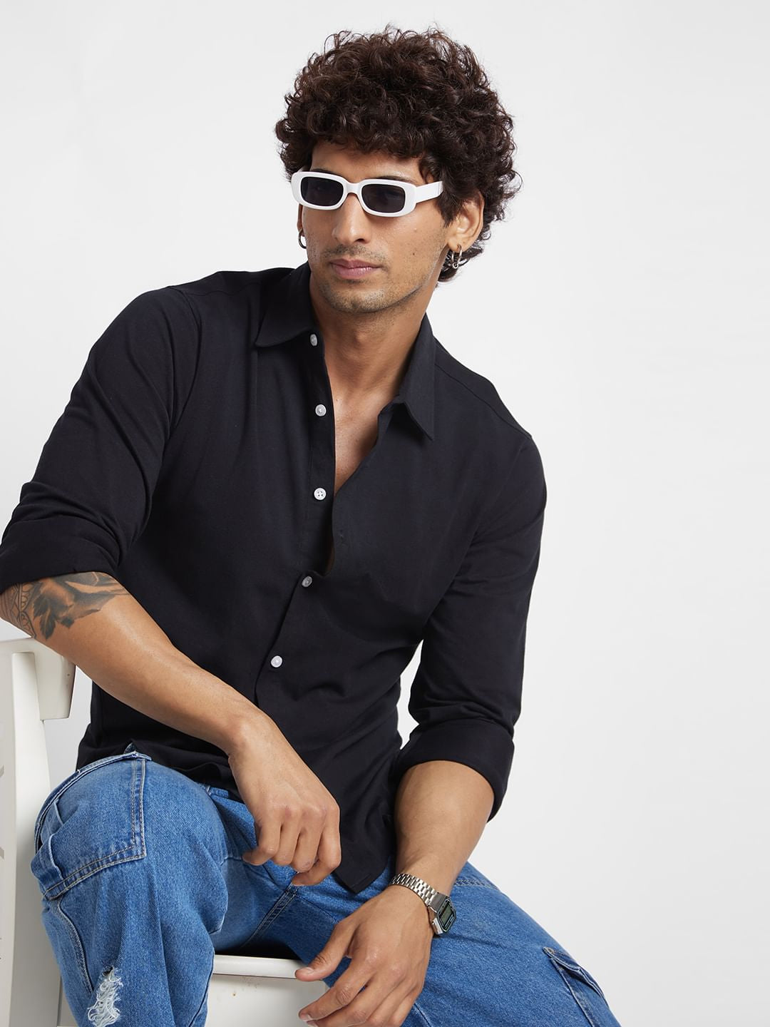 Knitted Solid Black Shirt