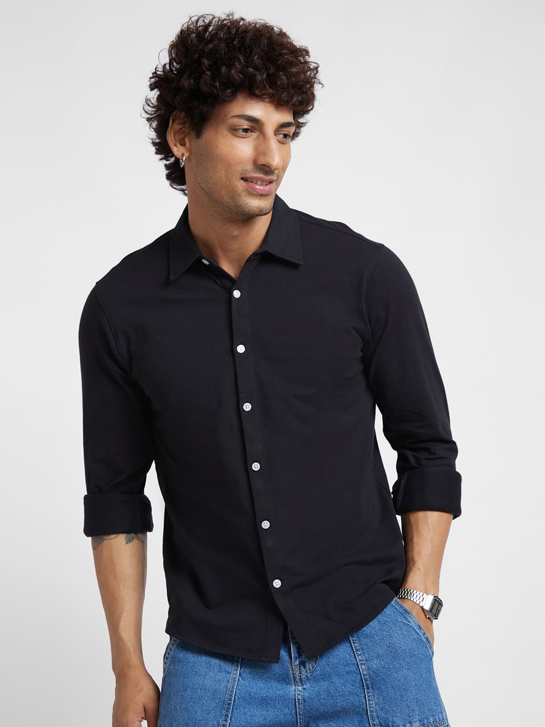 Knitted Solid Black Shirt