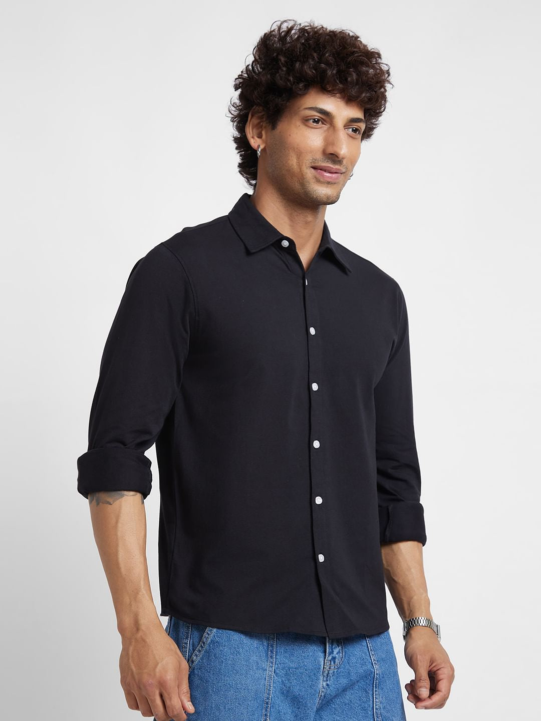 Knitted Solid Black Shirt