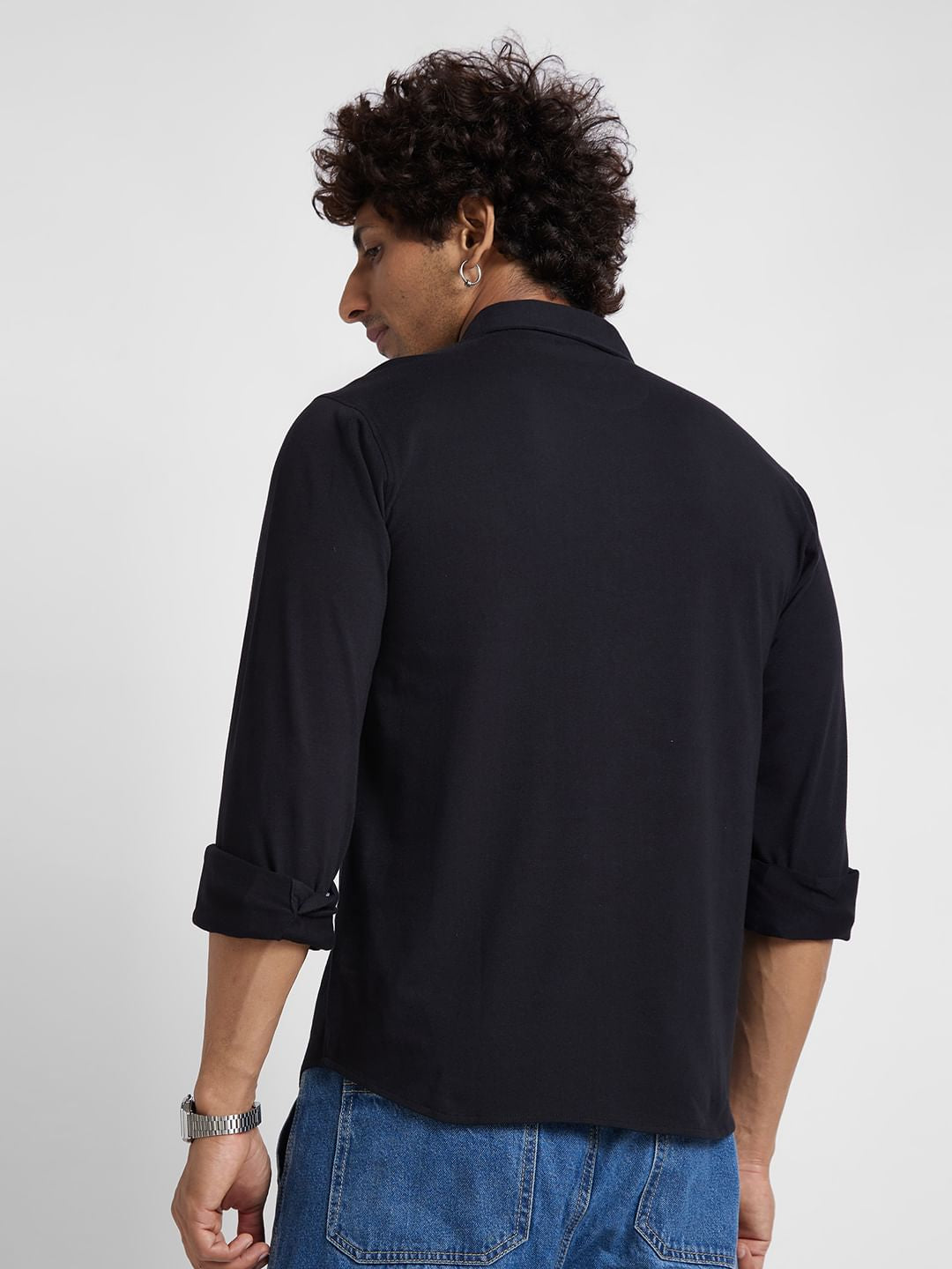 Knitted Solid Black Shirt
