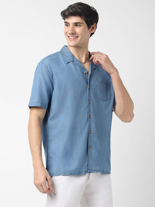 Blue Notch Collar Oversized Shirt