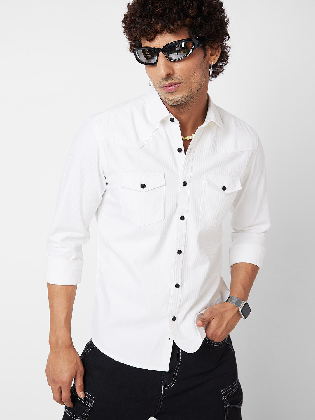 White Striped Double Pocket Shirt