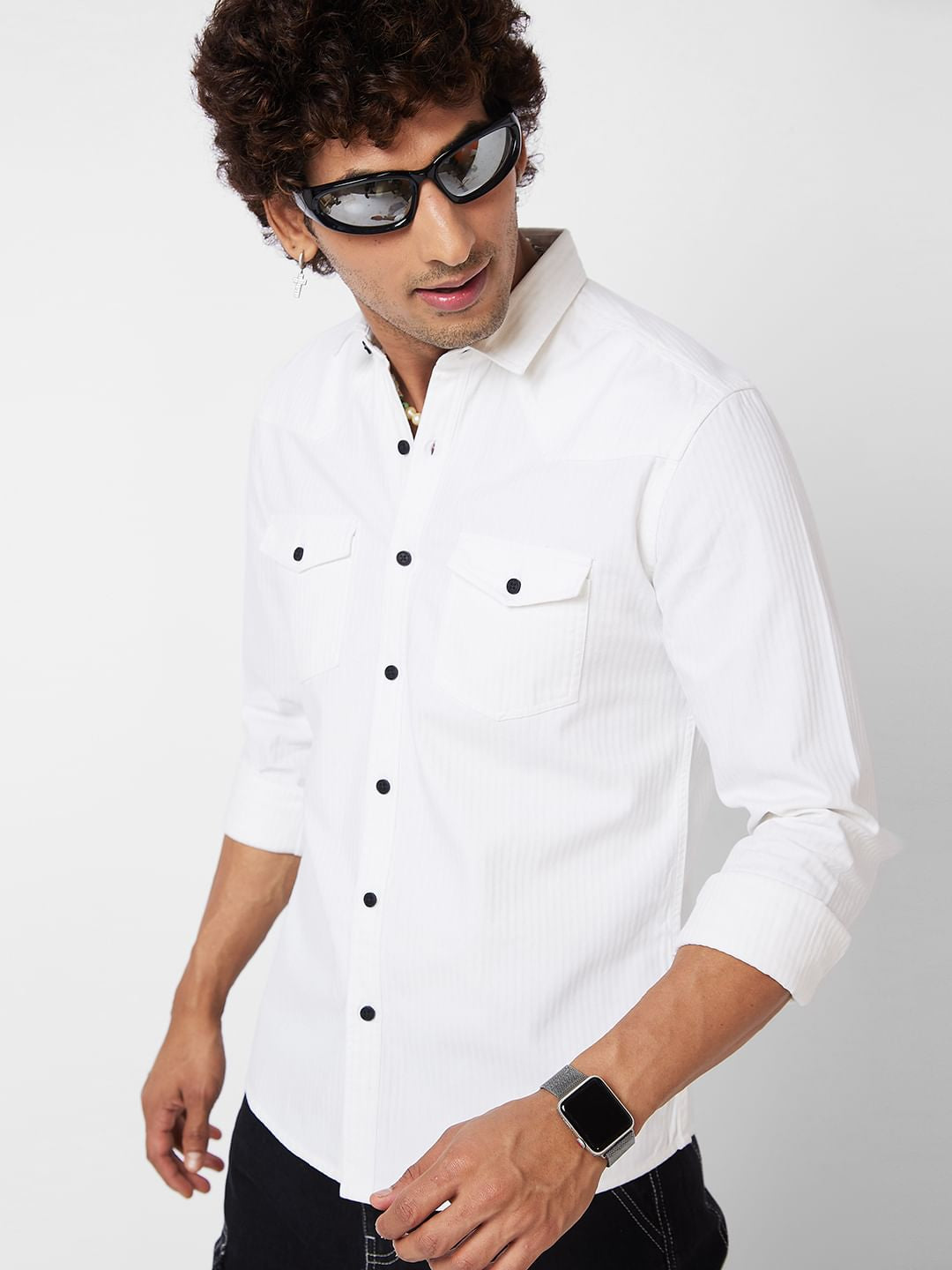 White Striped Double Pocket Shirt