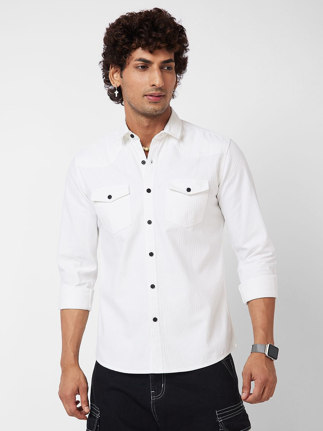 White Striped Double Pocket Shirt