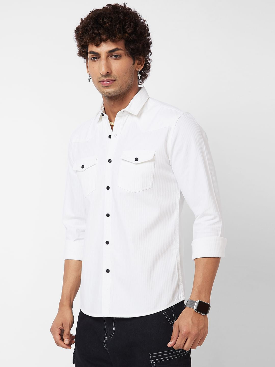 White Striped Double Pocket Shirt