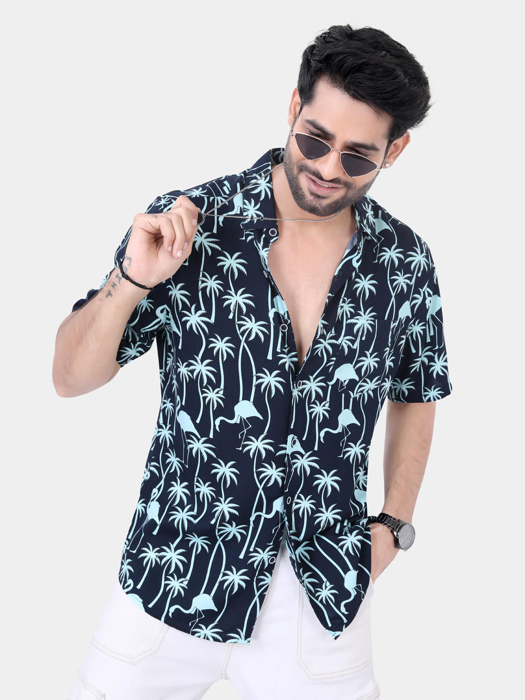 Navy Coco Tree Printed Shirt