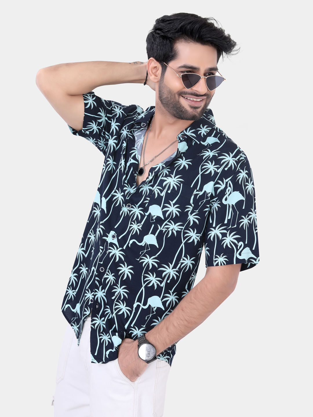 Navy Coco Tree Printed Shirt