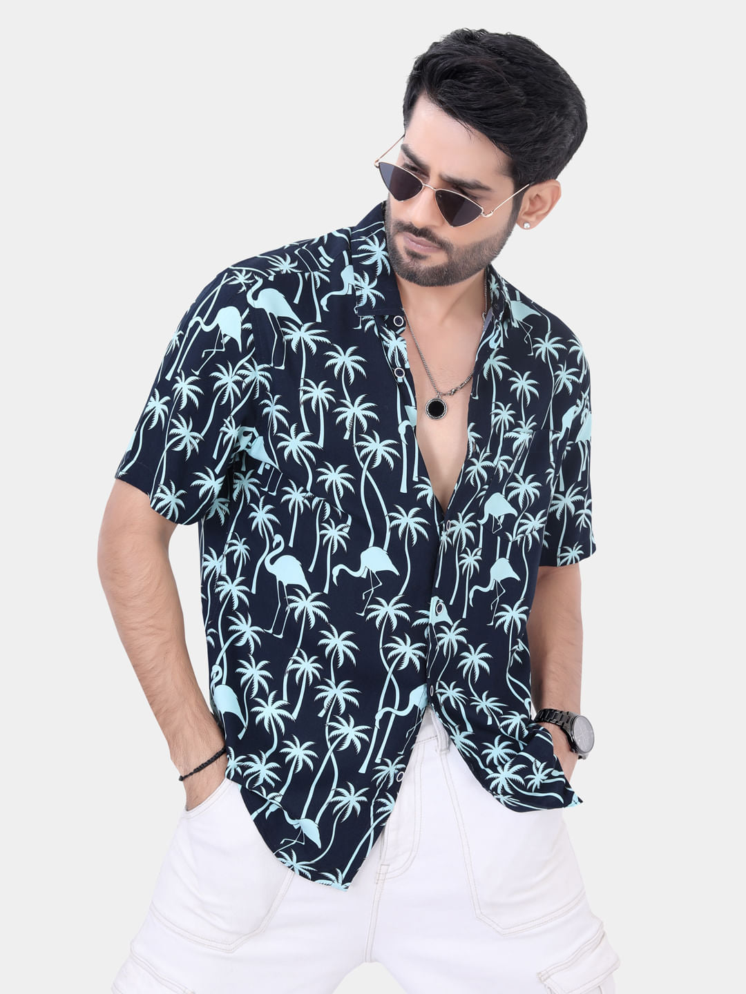 Navy Coco Tree Printed Shirt