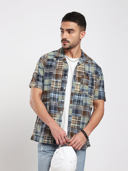 Multicolor Patchwork Resort Collar Oversized Shirt