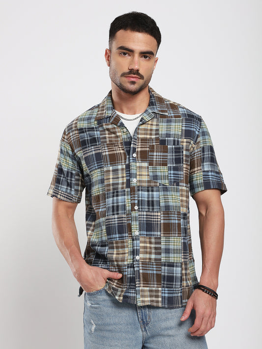 Multicolor Patchwork Resort Collar Oversized Shirt