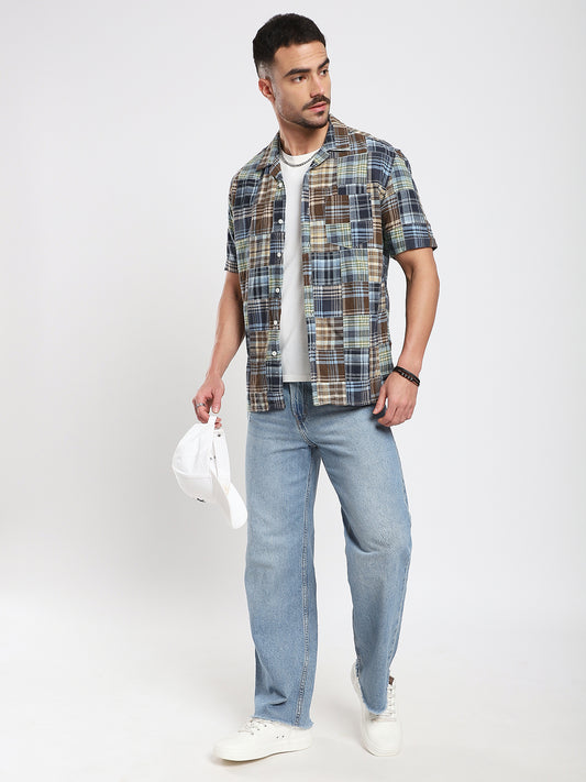 Multicolor Patchwork Resort Collar Oversized Shirt